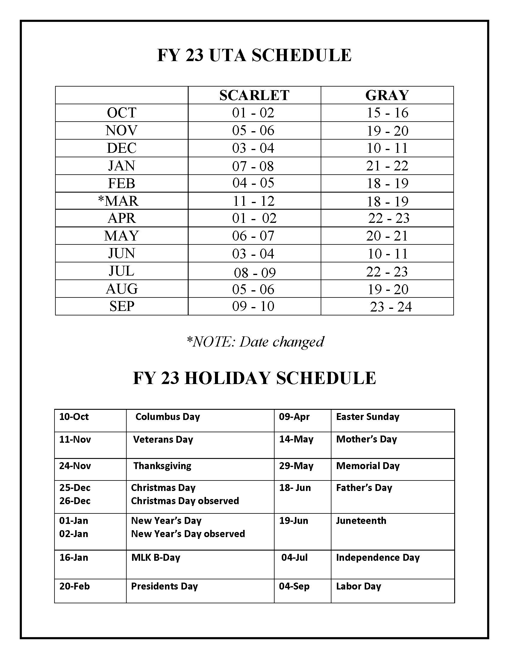 FY 23 UTA schedule